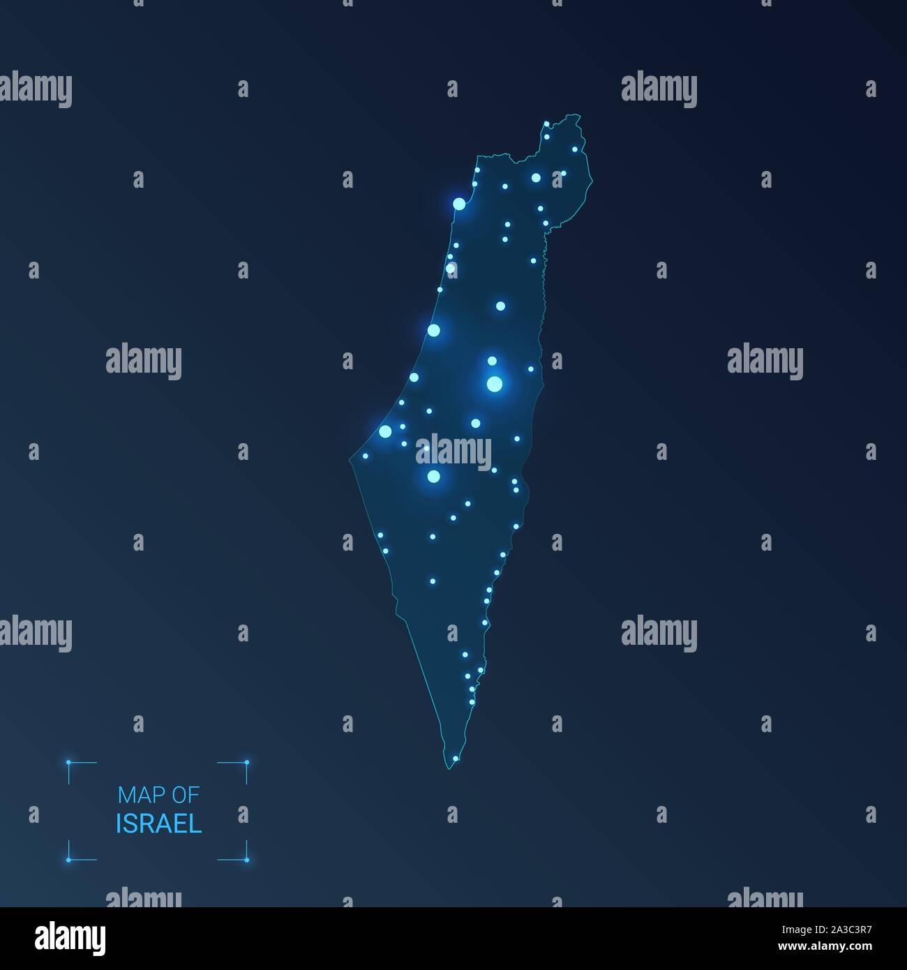 Israel map with cities. Luminous dots - neon lights on dark background ...