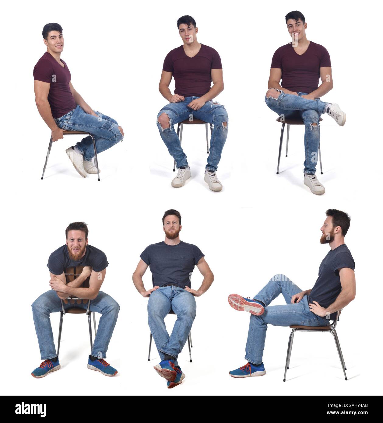 men sitting in various ways in a chair Stock Photo - Alamy