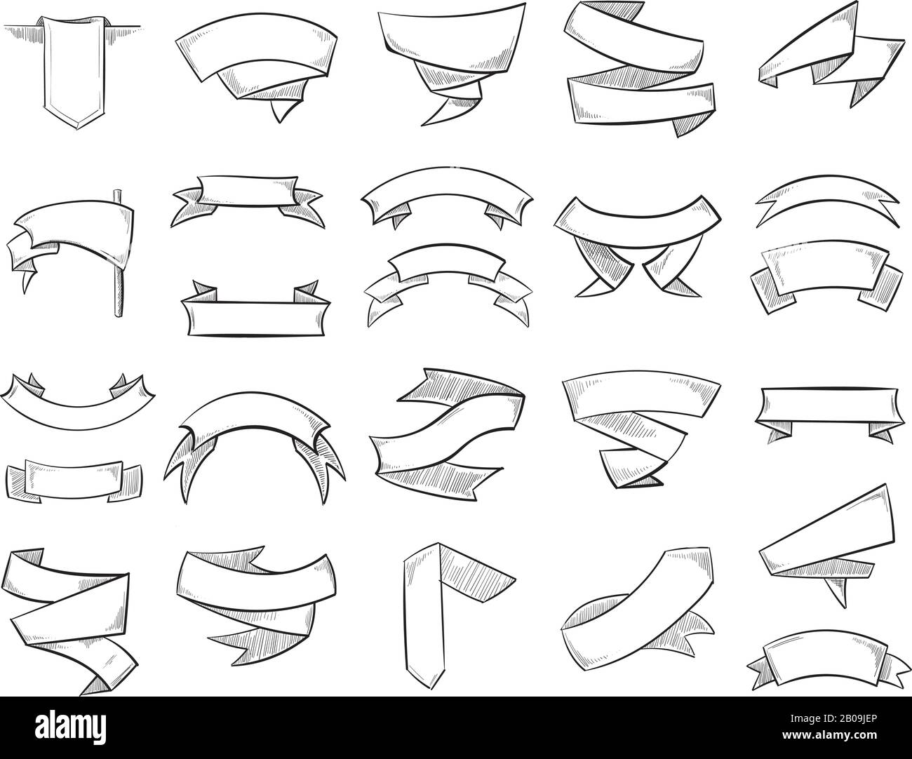 Doodle pencil drawing vector banners and ribbons. Sketch drawing scroll