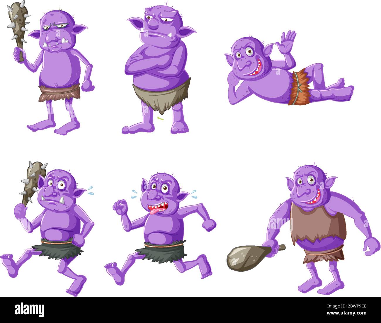 Set of purple goblin or troll in different poses in cartoon character ...