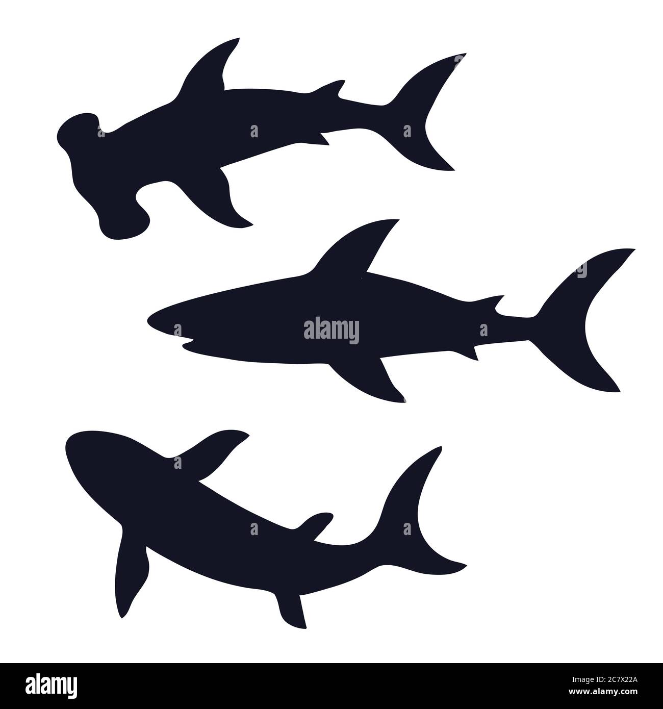 Black sharks silhouettes isolated on white background. Vector ...