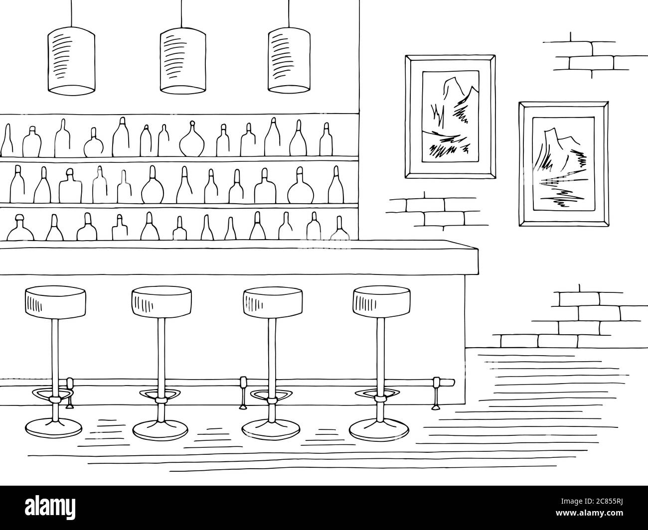 Bar interior graphic black white sketch illustration vector Stock