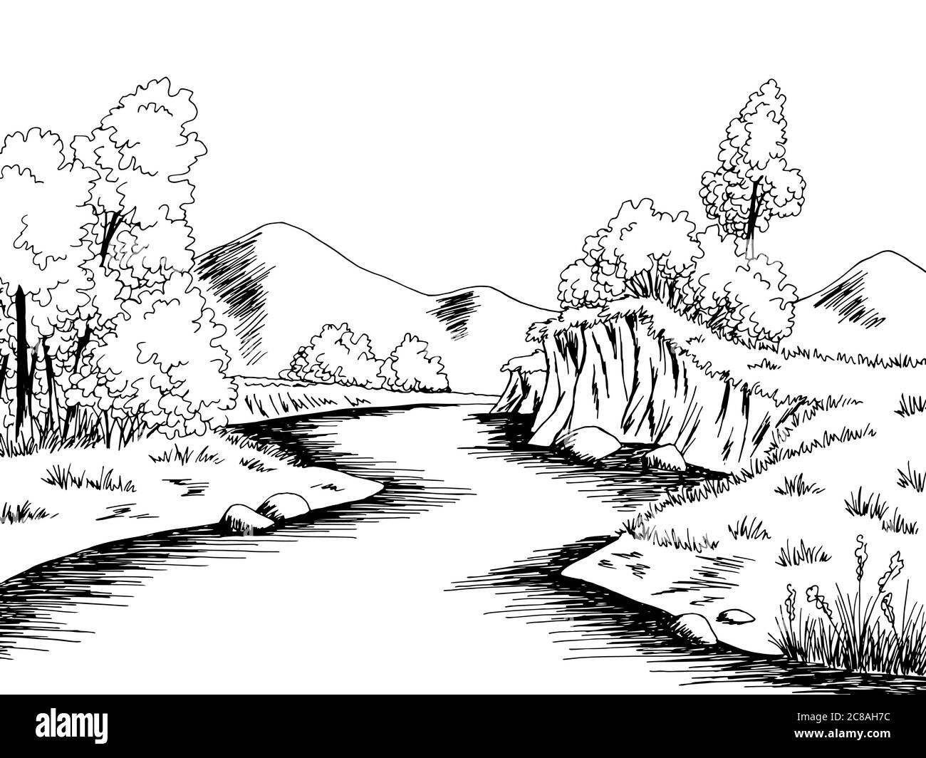 River graphic black white landscape sketch illustration vector Stock