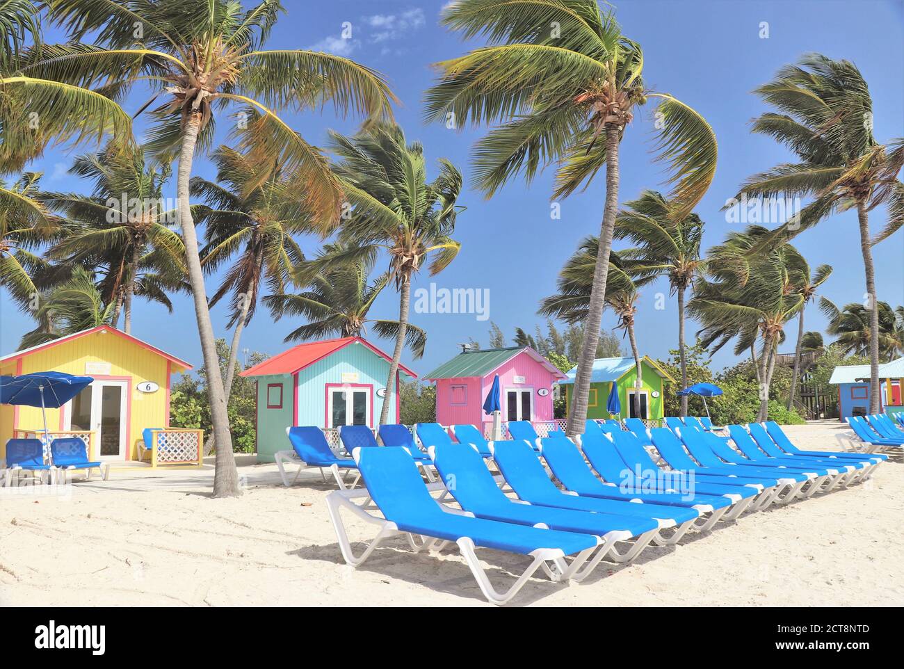 Colorful cabanas and lounge chairs on the beach in Princess Cays Stock ...