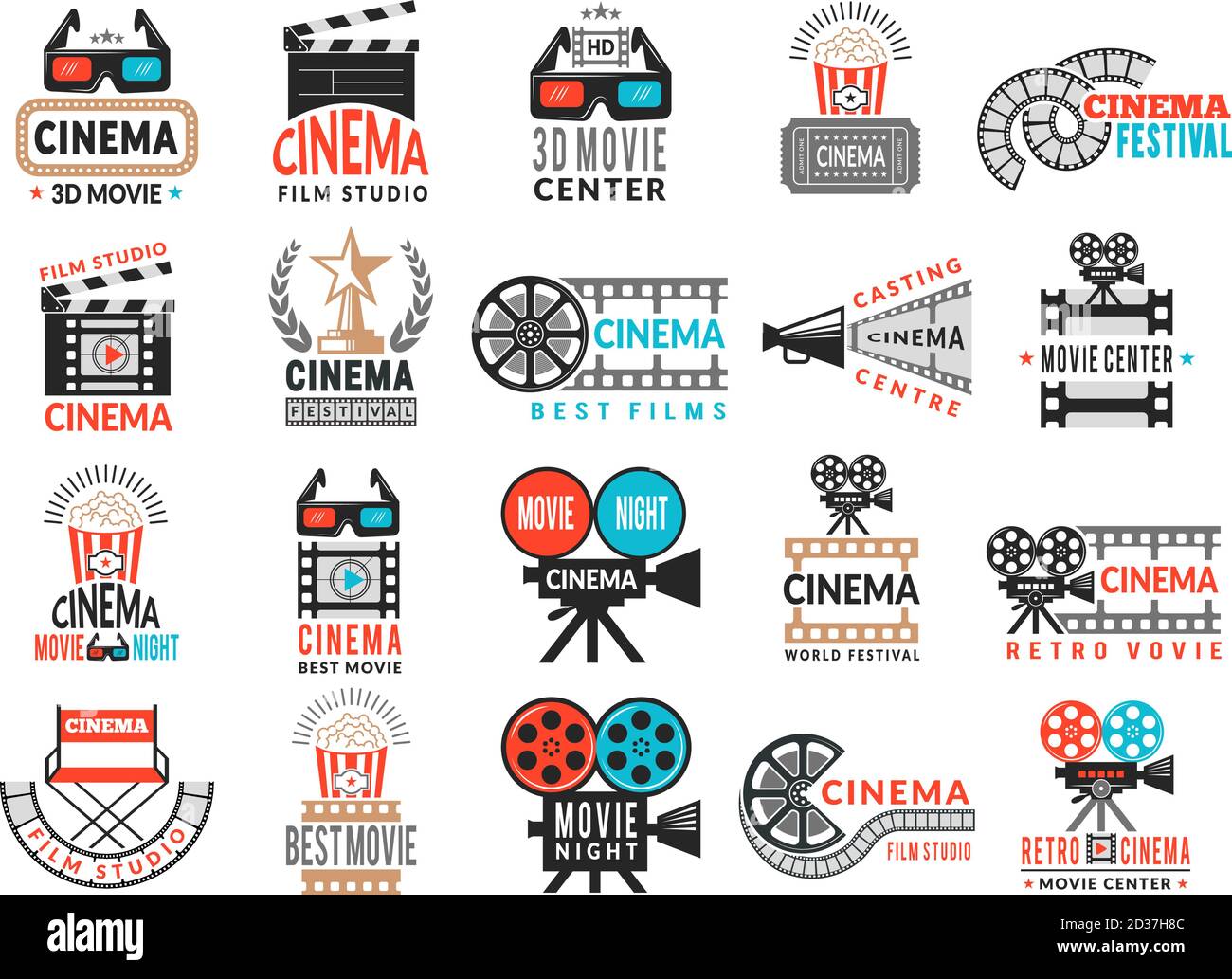 Cinema badges. Movie production symbols camera director chair film tape