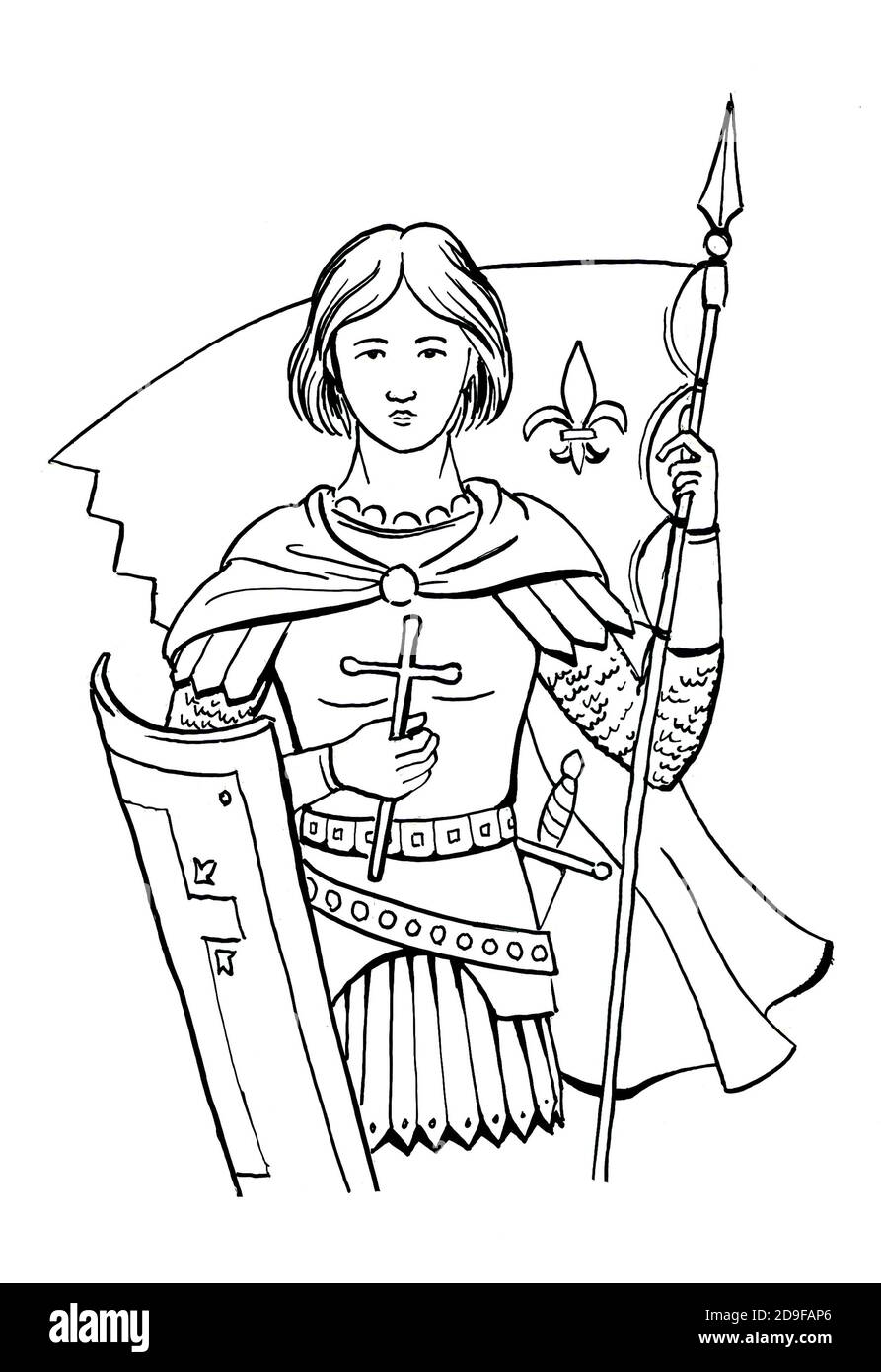 St. Joan of Arc, ink drawing, icon style, black nad white, warrior of