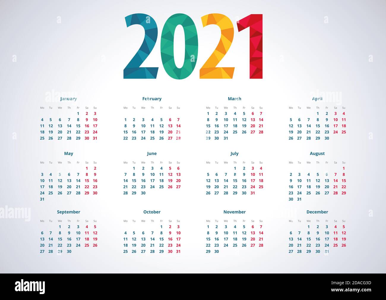 Simple european calendar 2021. Week starts from Monday Stock Photo Alamy