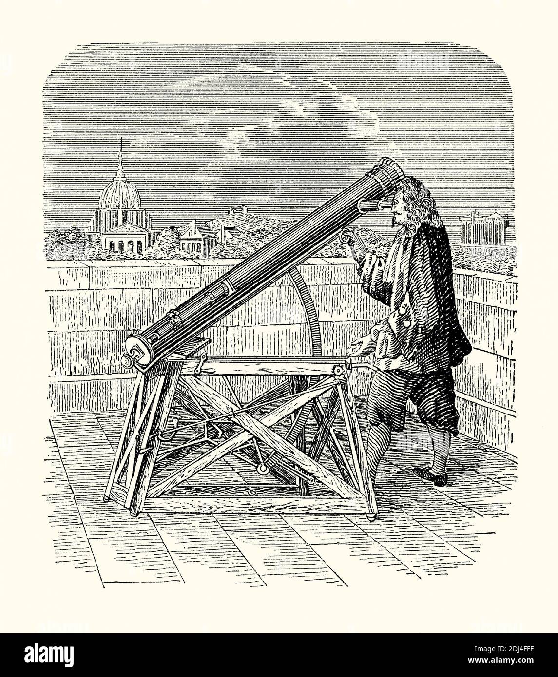 An Old Engraving Showing Isaac Newton And His Reflecting Telescope London England Uk C 1670 7783