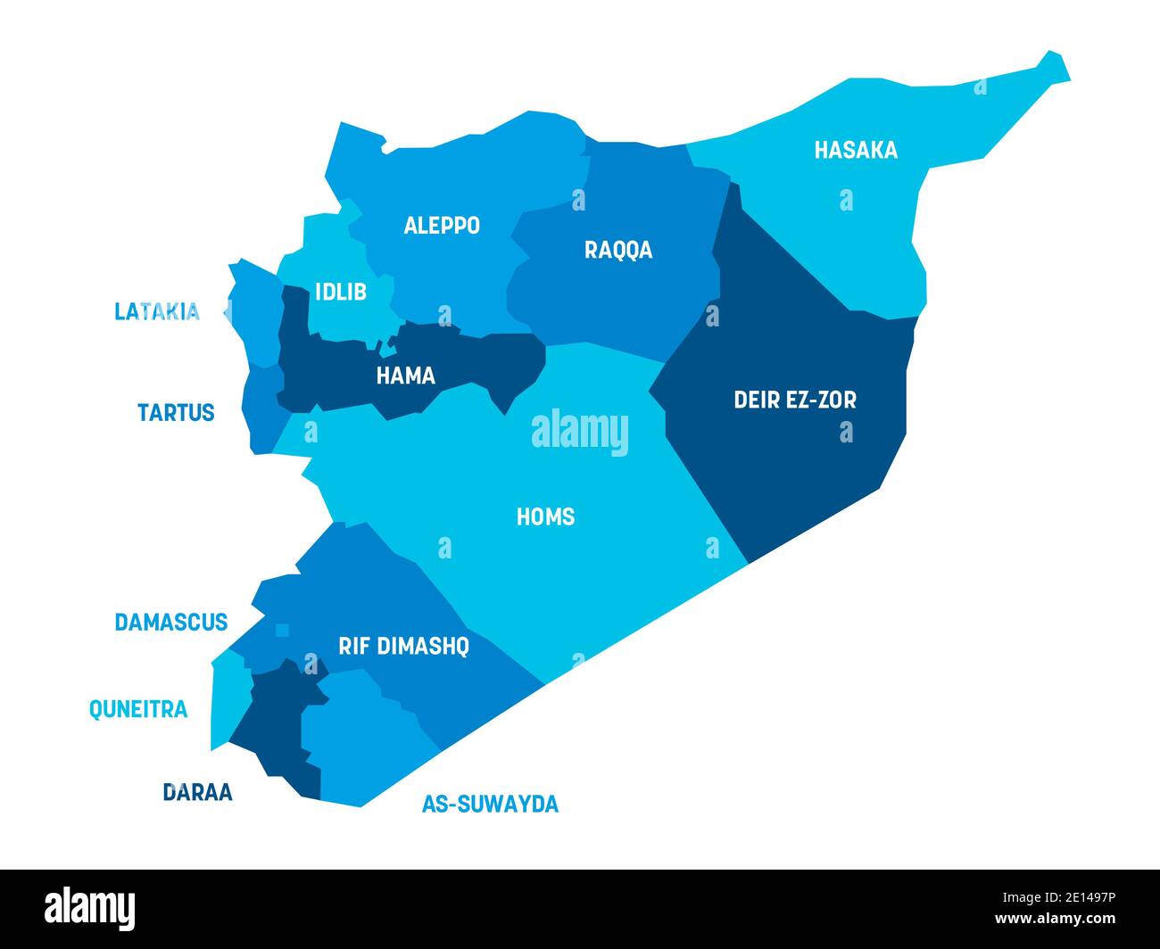 Blue Political Map Of Syria Administrative Divisions Governorates Simple Flat Vector Map