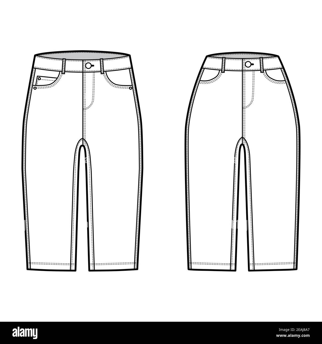 Set of Denim short pants technical fashion illustration with knee ...