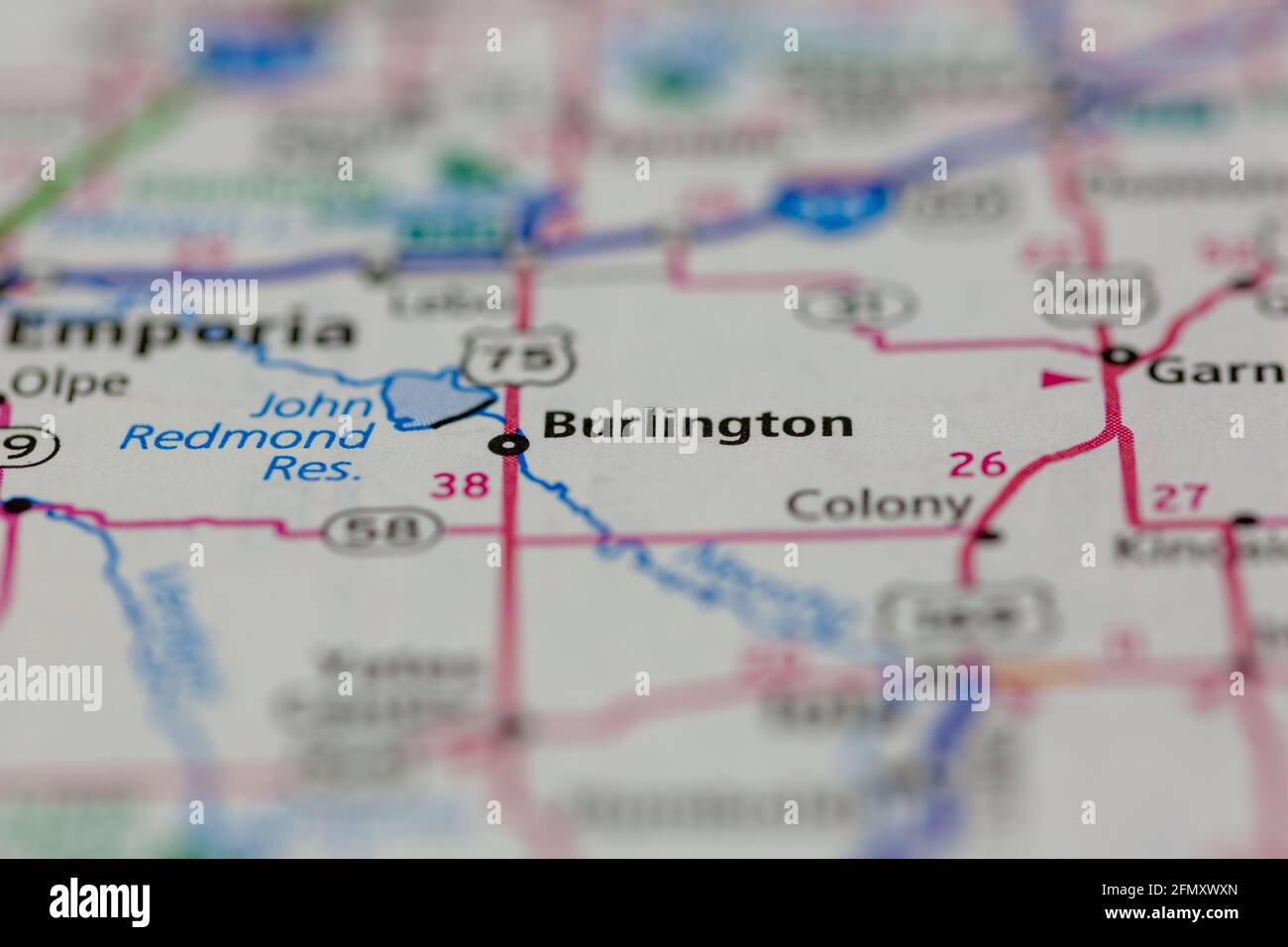 Burlington Kansas USA shown on a Geography map or Road Map Stock Photo - Alamy