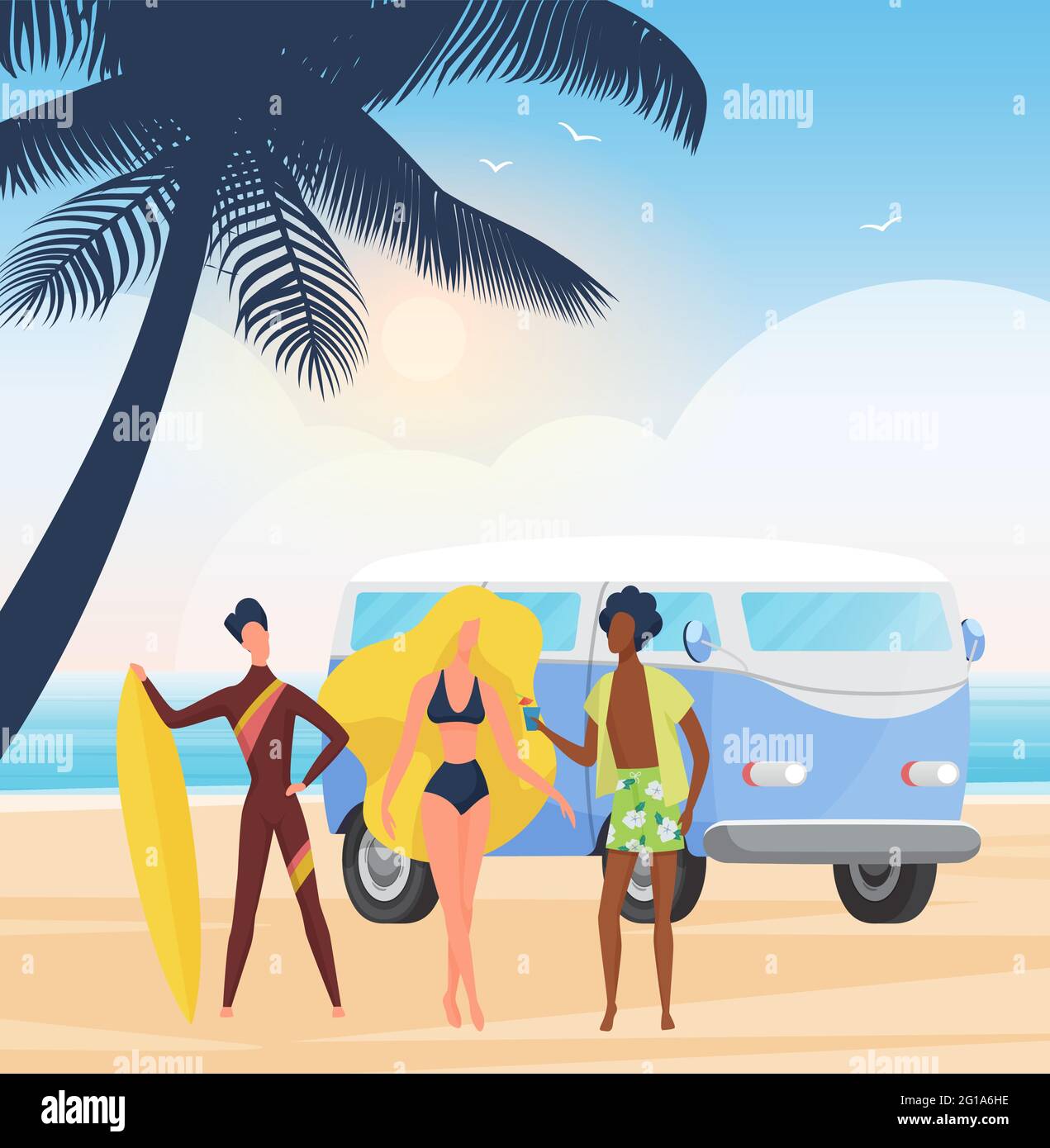 Surfer People With Surfboards On Summer Sea Beach Party Surf Extreme Adventure Vector 