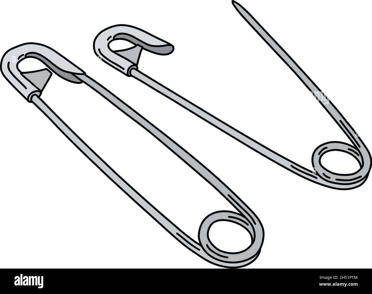 The vectorized hand drawing of two classic steel safety pins Stock