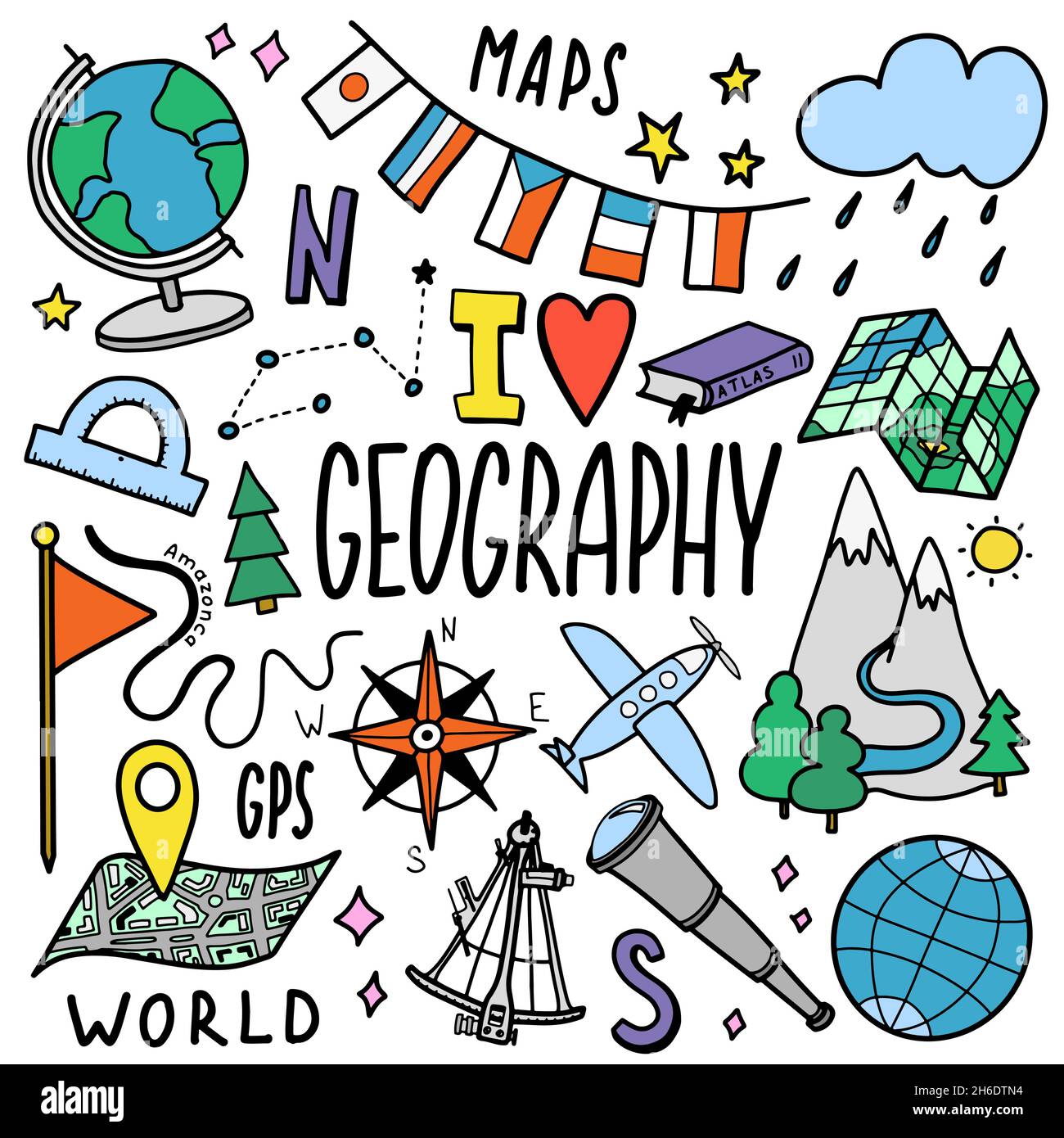 Geography And Geology Education Subject Handwriting Doodle Icon Of Earth Exploration And Map 7500