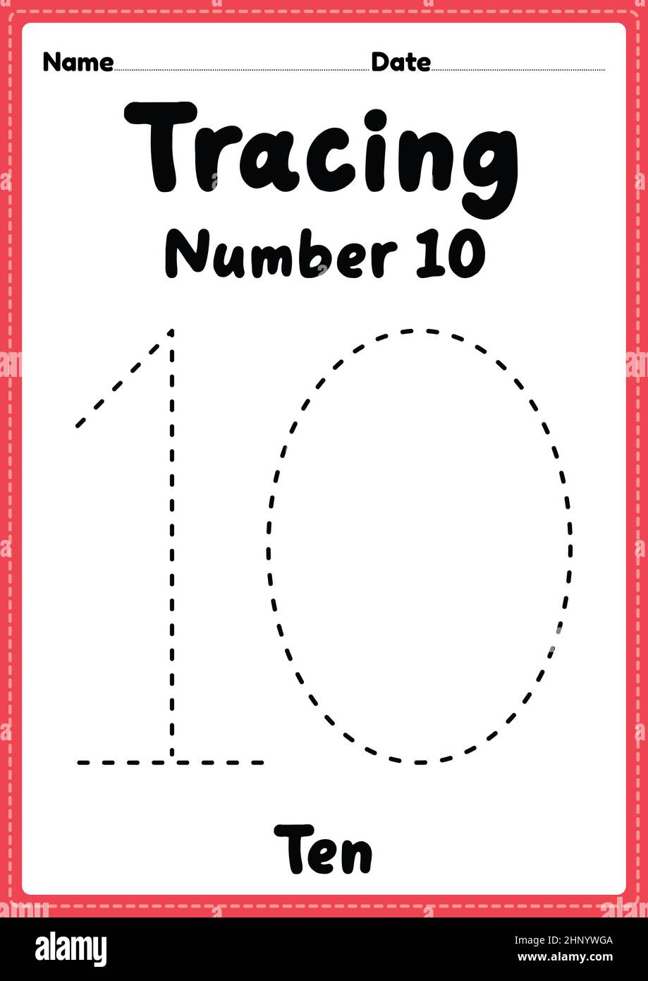 Tracing number 10 worksheet for kindergarten, preschool and Montessori ...