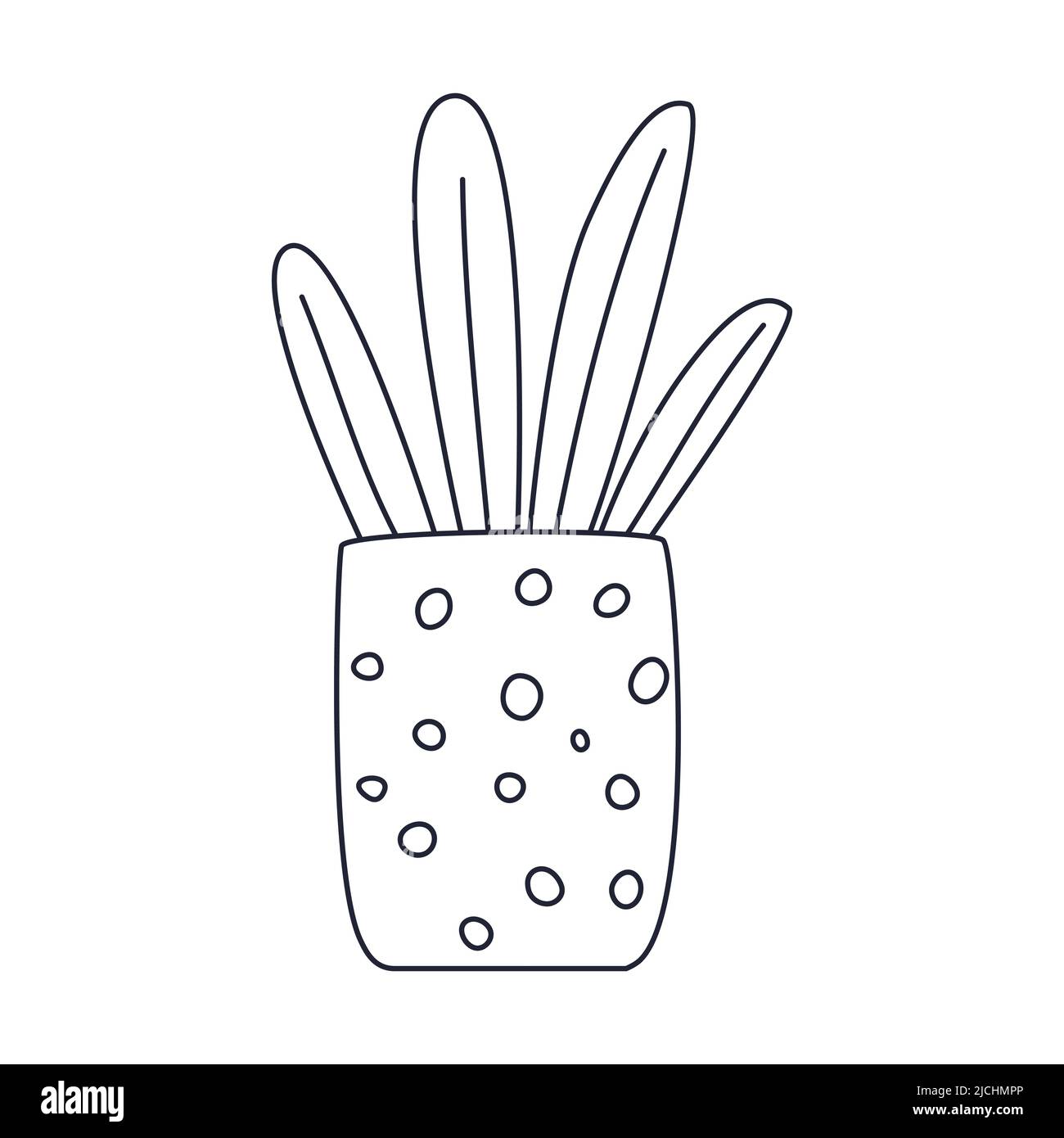 A simple house plant in a pot. Outline doodle. Black and white vector