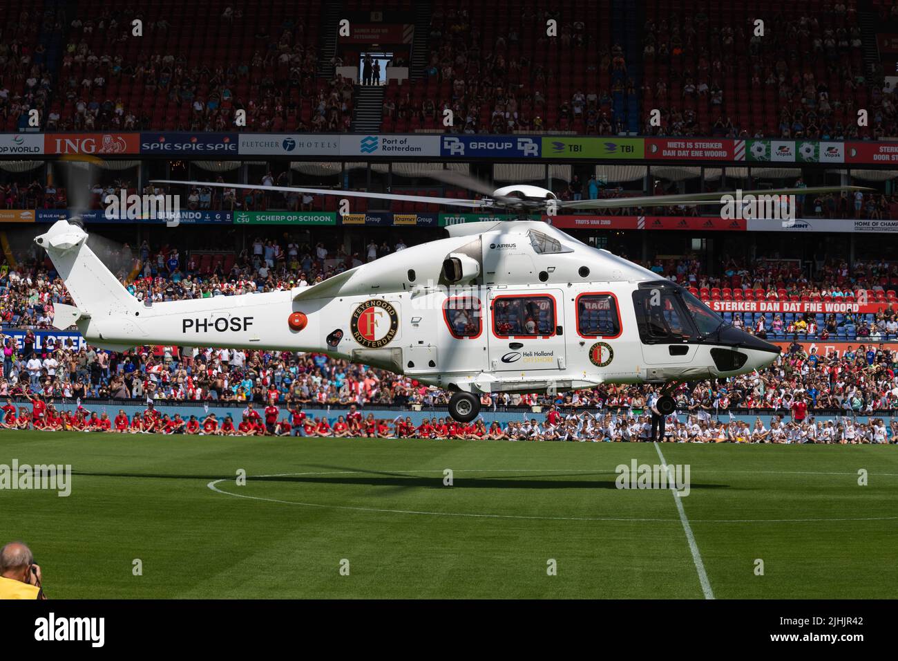 Feyenoord Helicopter Arriving At Stadium Stadion De Kuip In Rotterdam