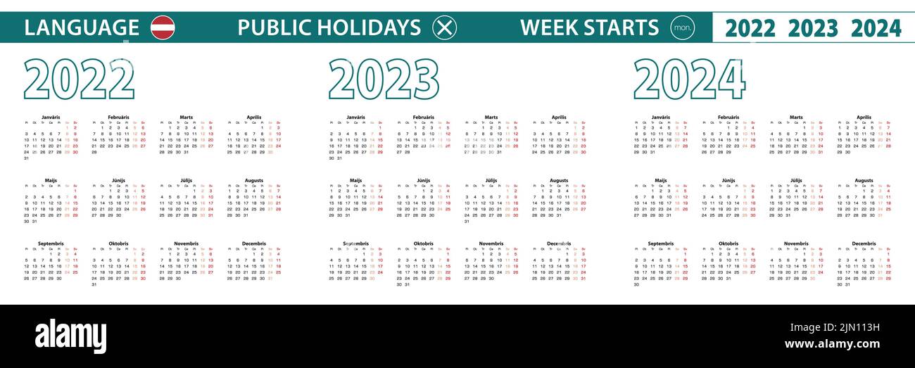 Simple calendar template in Latvian for 2022, 2023, 2024 years. Week