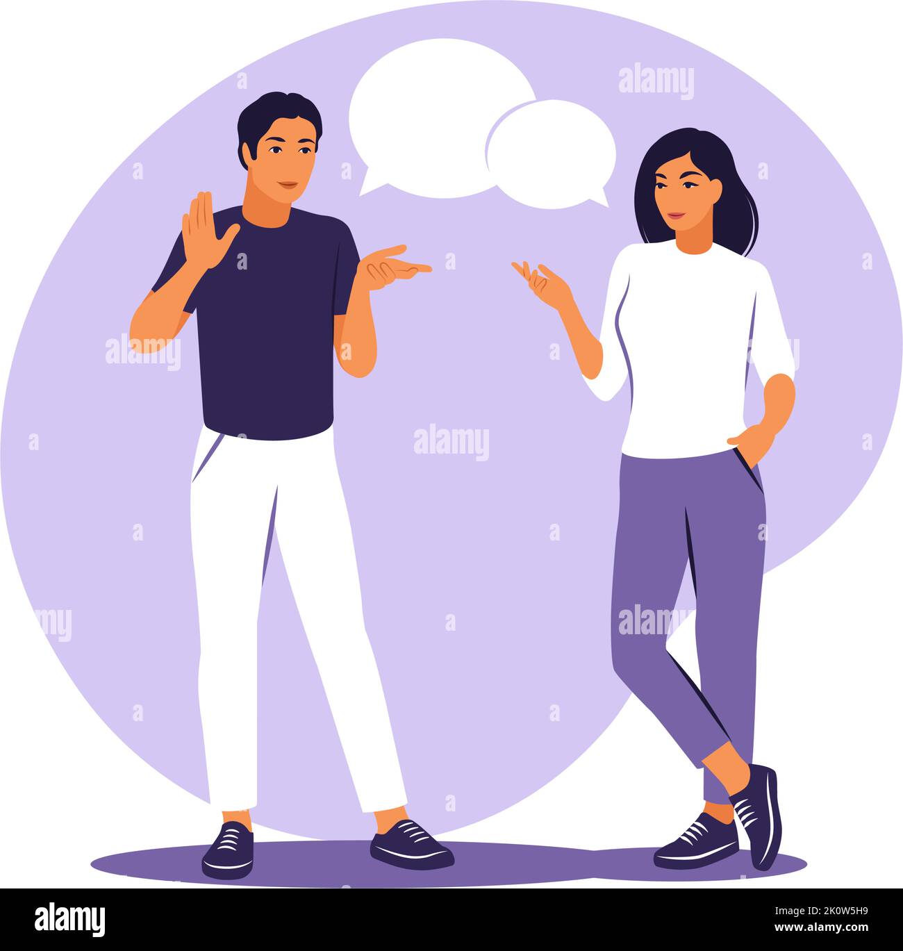Live conversation concept. Guy and girl standing with speech bubbles ...