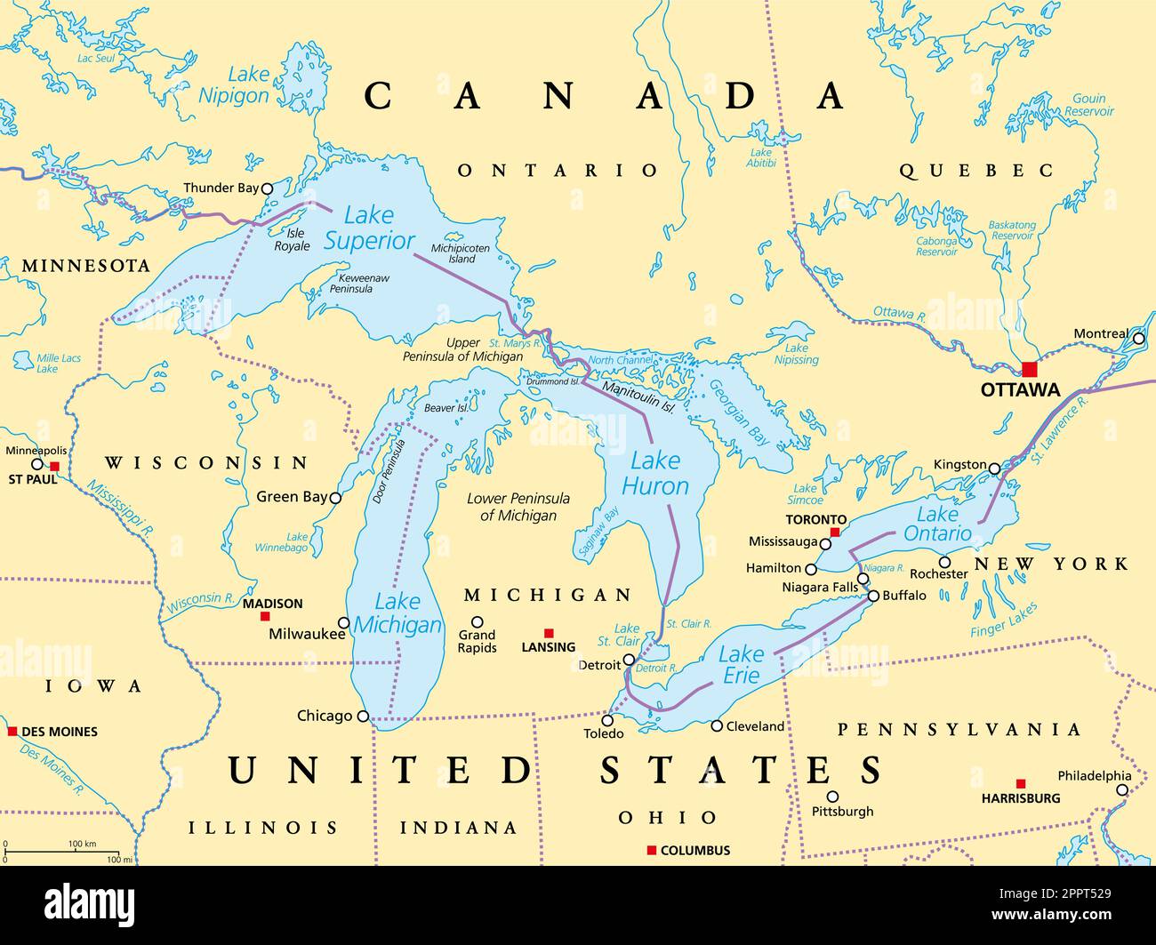 Great Lakes of North America, series of freshwater lakes, political map