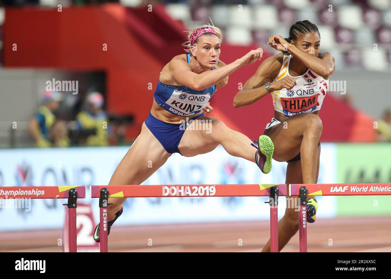 Annie Kunz participating in the heptathlon 100m hurdles at the 2019 ...