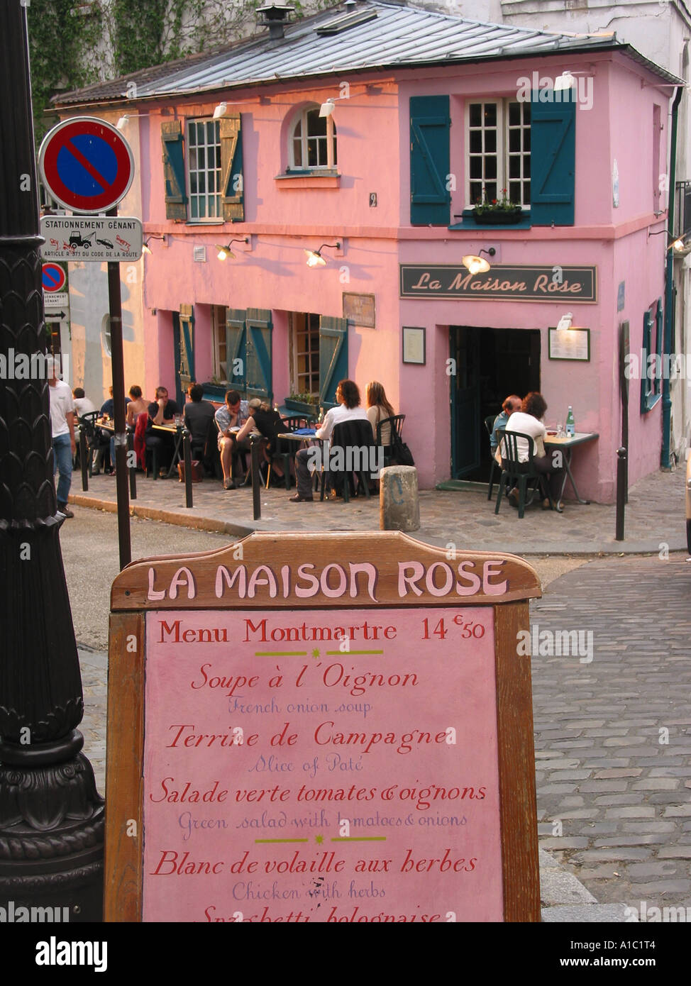 romantic restaurant La Maison Rose with close up of menu Montmartre