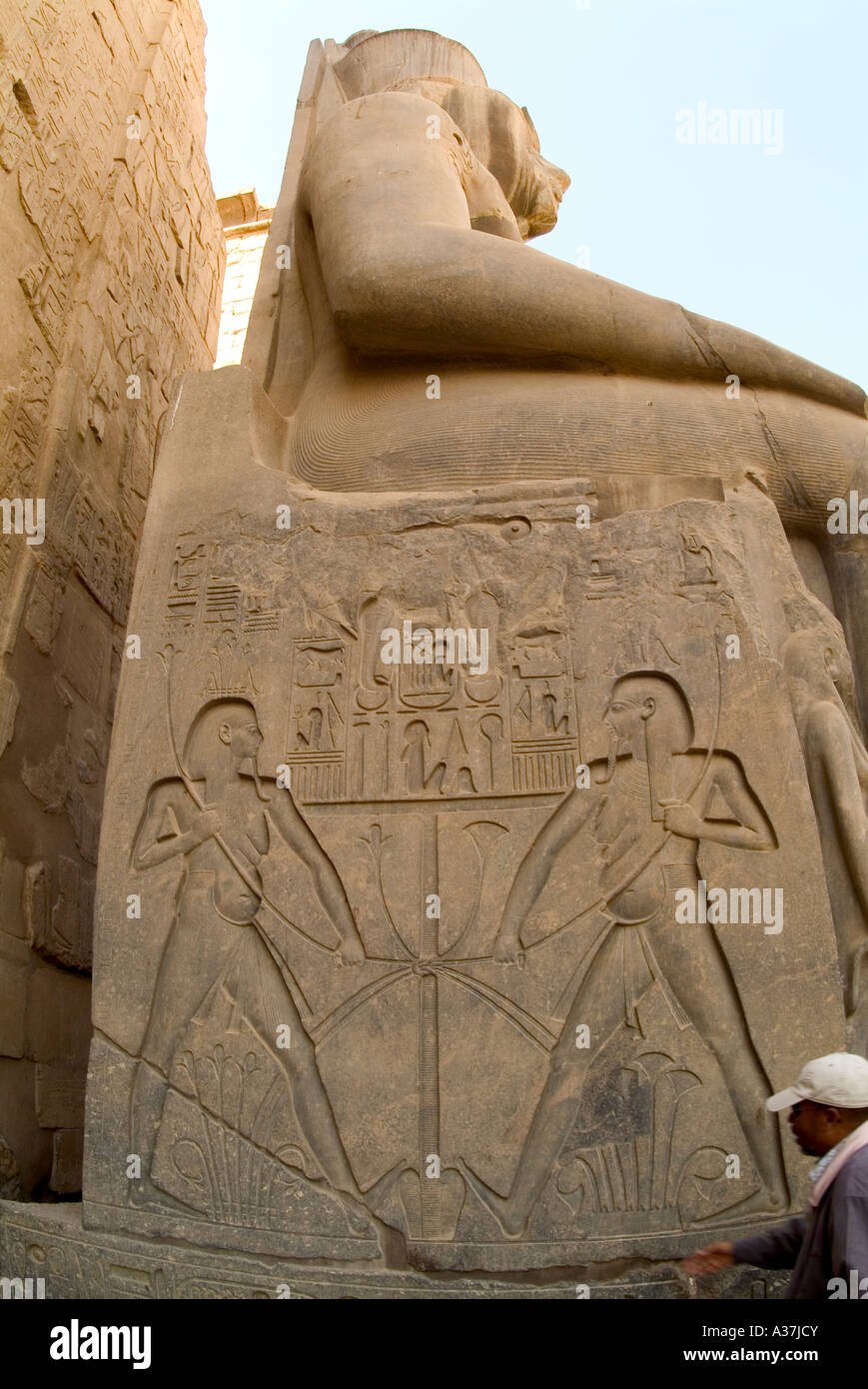 Luxor Temple Thebes Hieroglyphics Figures Colossal Statue Pharaoh Side View Entrance Pylon 