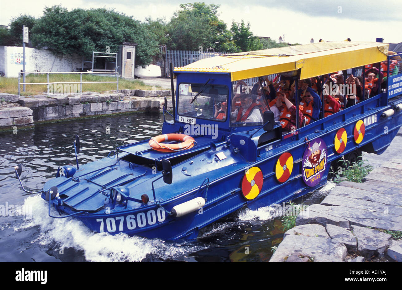 Amphibious World War II vehicle of Viking Splash Tours entering the