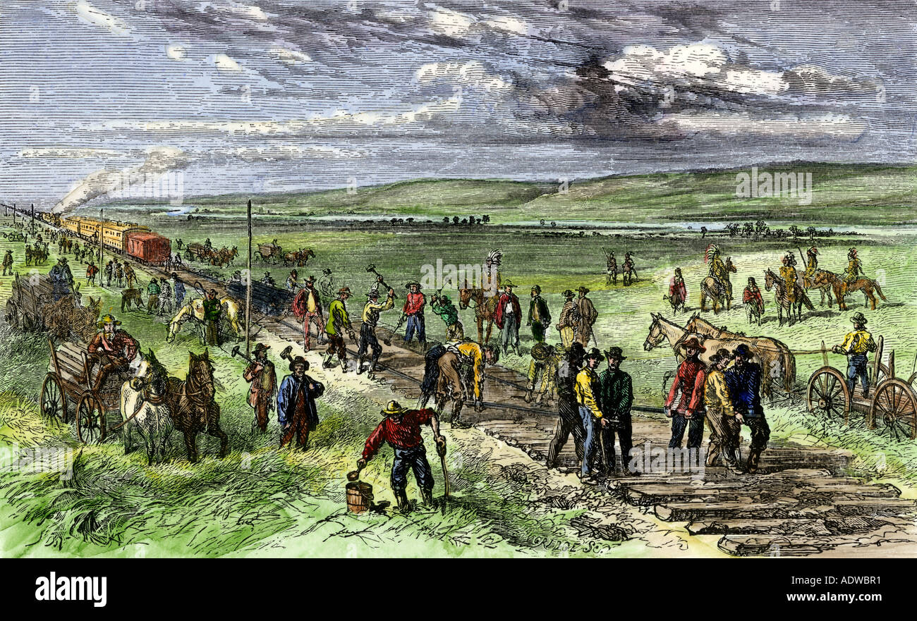 Immigrants and other workers building the transcontinental railroad