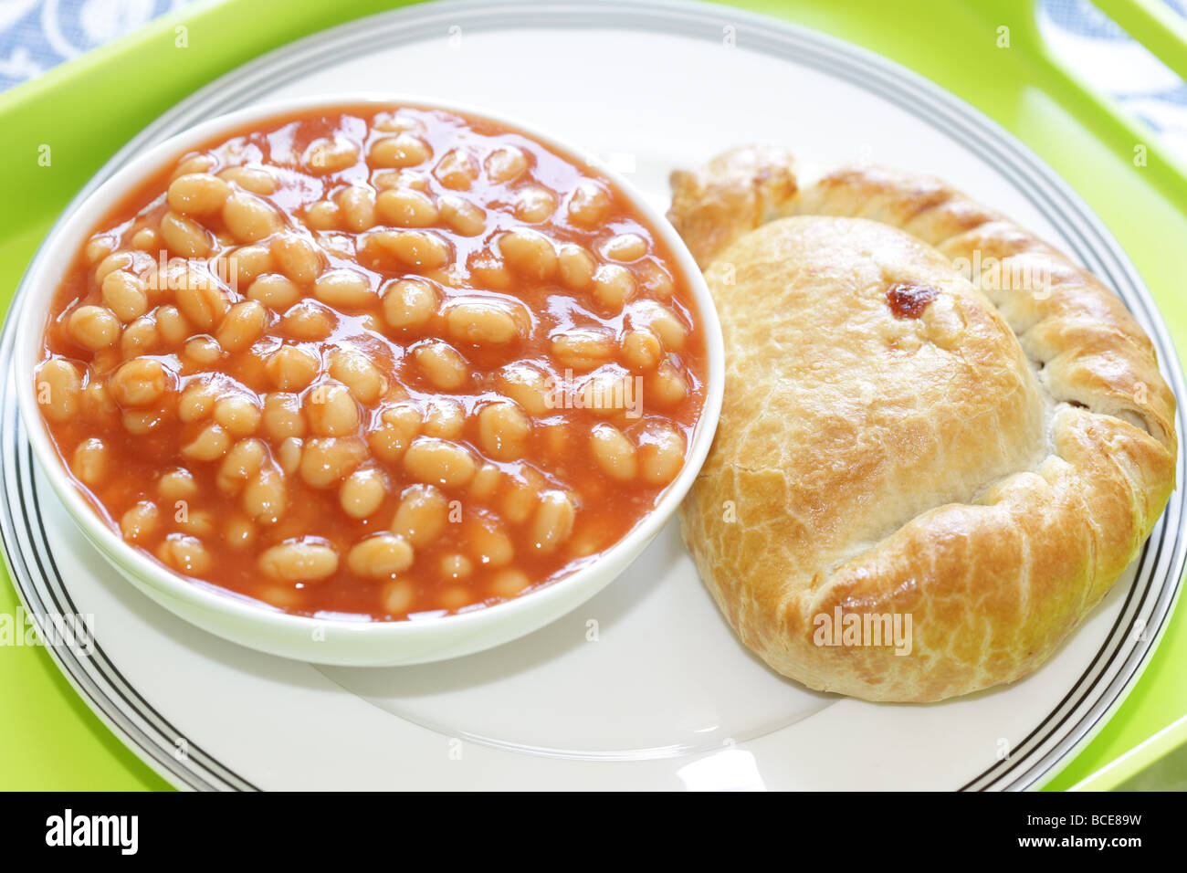 Cheese and Onion Pasty with Baked Beans Stock Photo Alamy