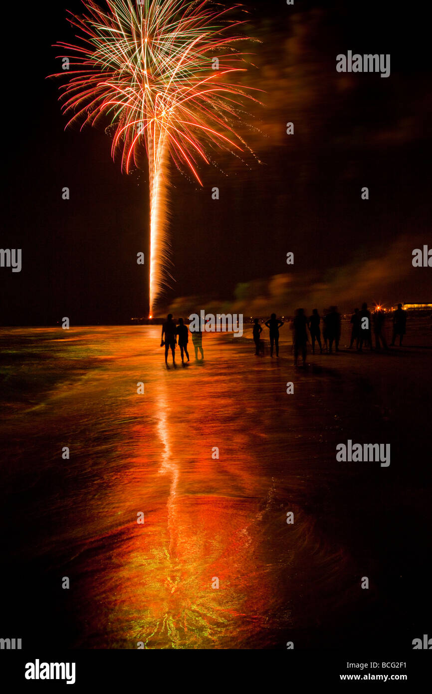 Fireworks explode along the beach at Isle of Palms SC marking