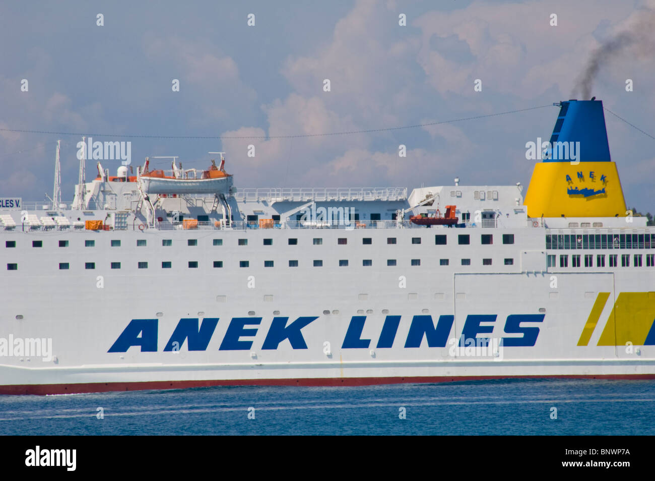 ANEK LINES ferry leaving harbour on the Greek island of Corfu Greece GR ...