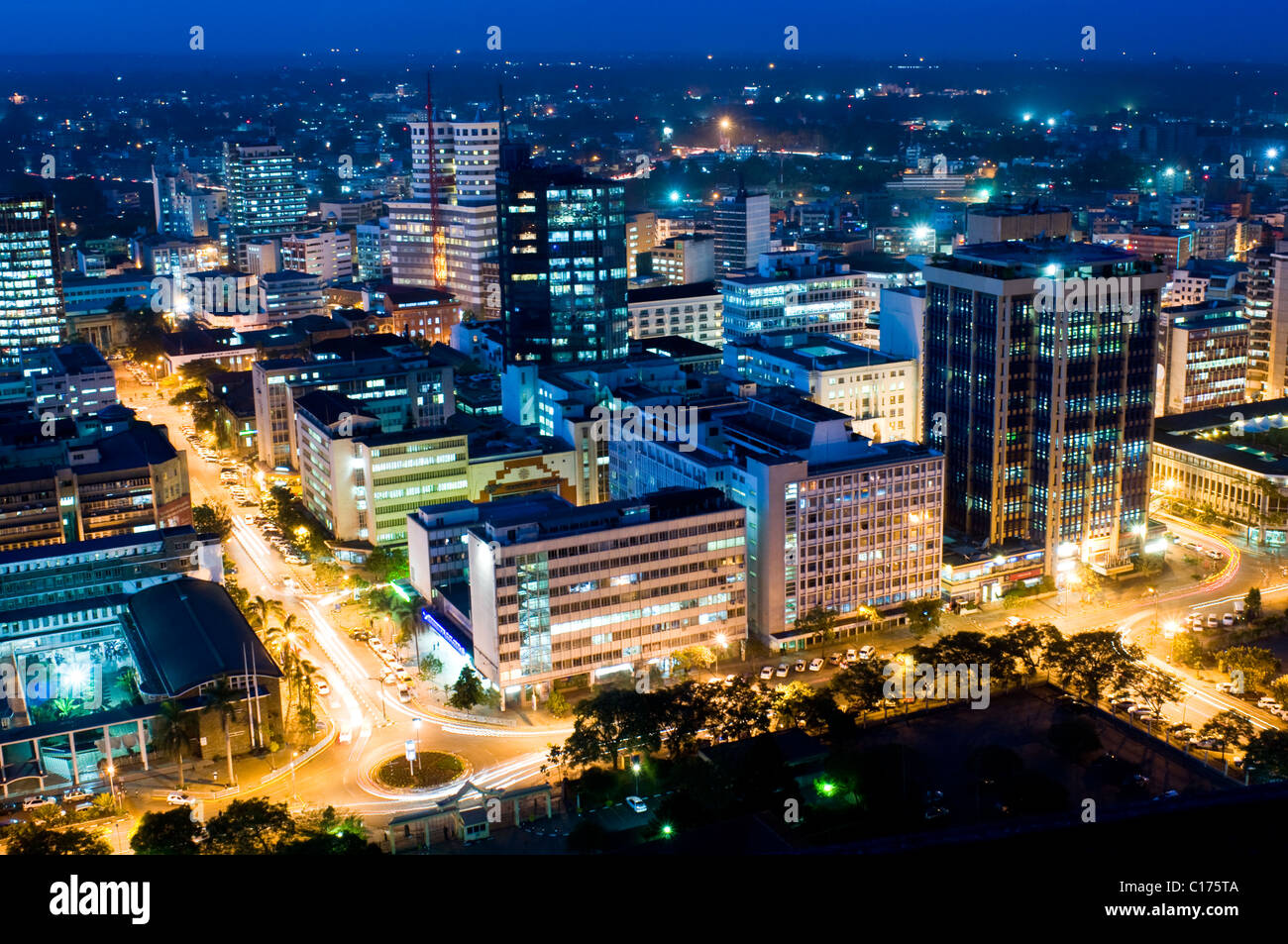 Aerial View Of City At Night Looking Northeast Nairobi Kenya Stock