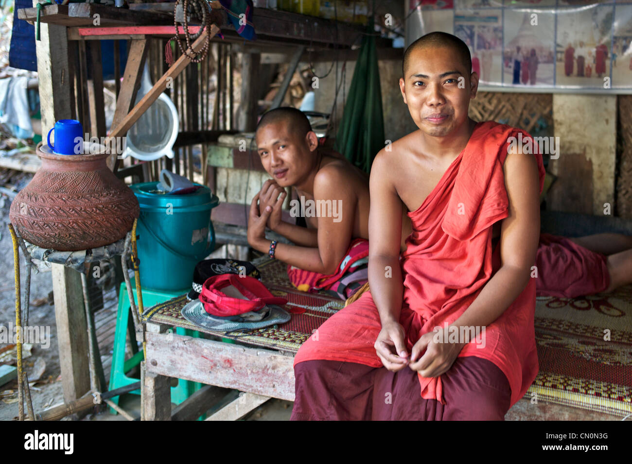 Portrait Of Two Burmese Monks On The Streets Of Yangon Rangoon