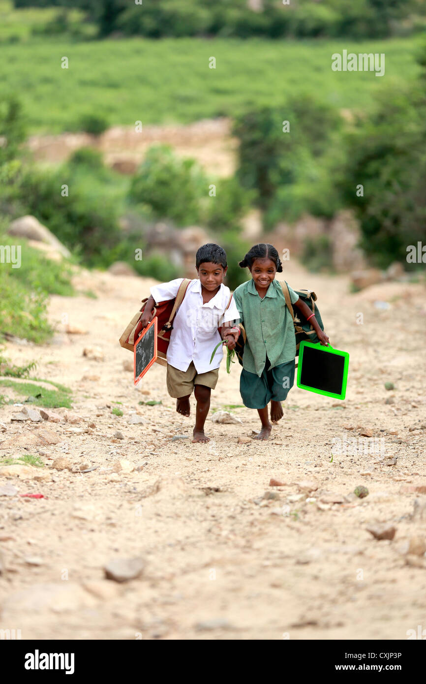 Indian School Children Running To Go To School Andhra Pradesh South