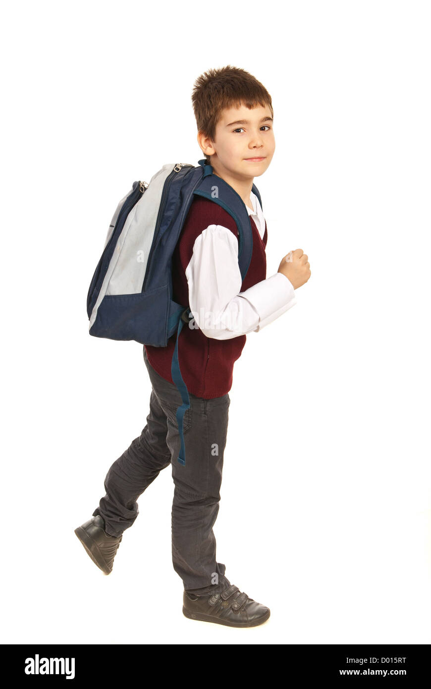 Walking school boy being in a hurry isolated on white background Stock ...