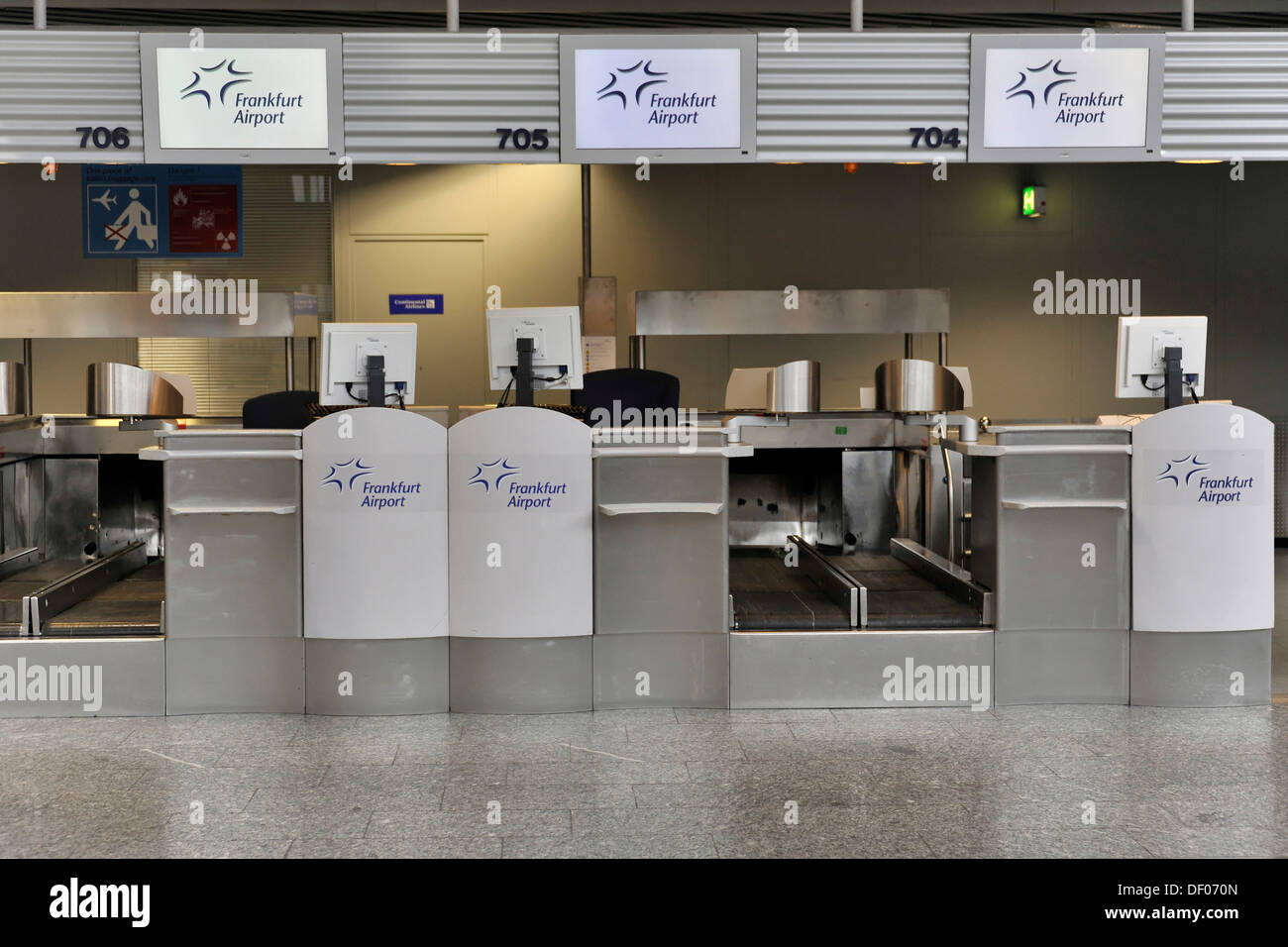 Empty check-in counter, Frankfurt Airport, Frankfurt, Hesse Stock Photo