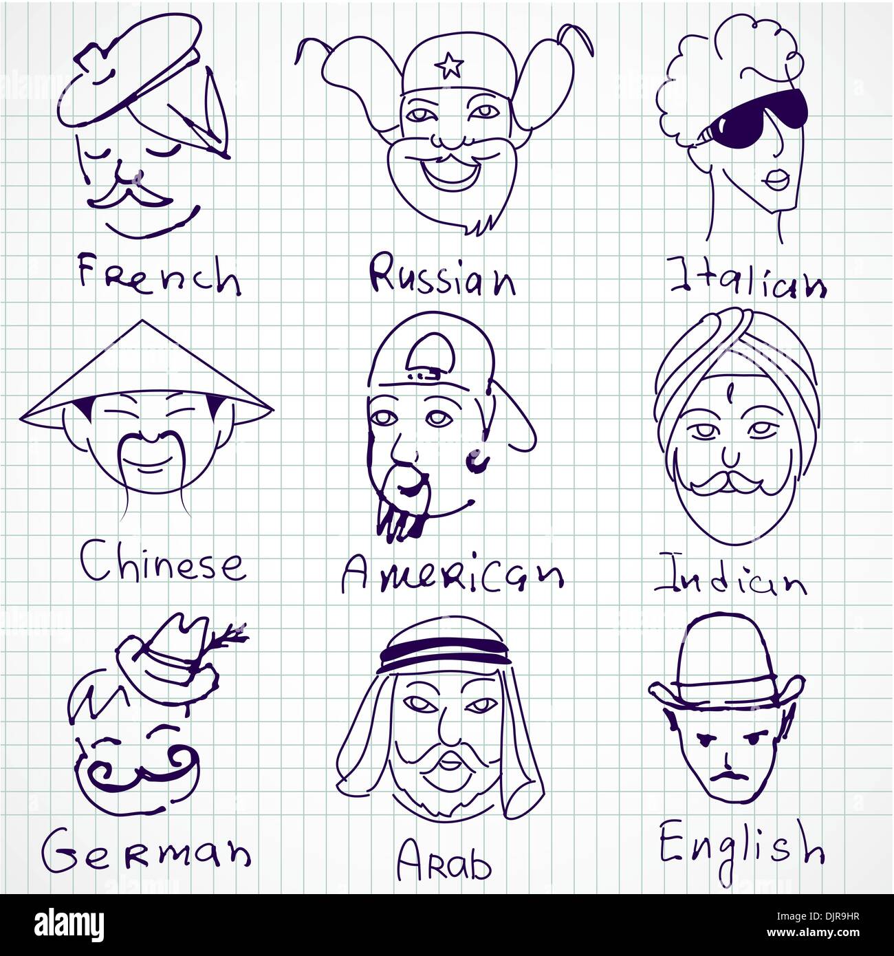 Different stereotypes of nationalities from all over the world. Hand