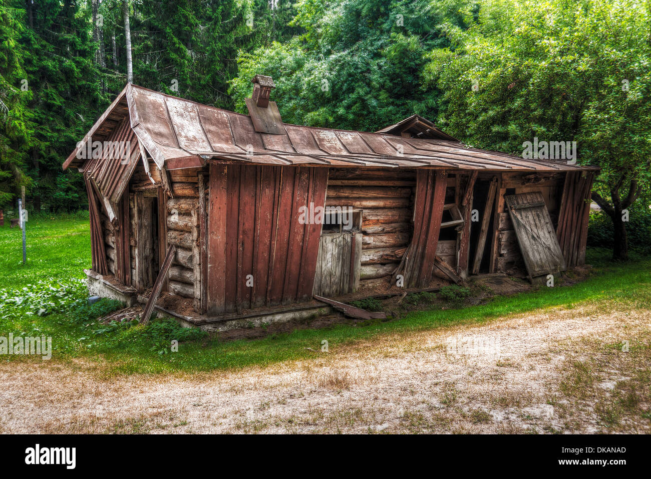 Old abandoned timber house with collapsed timber in green forest Stock ...