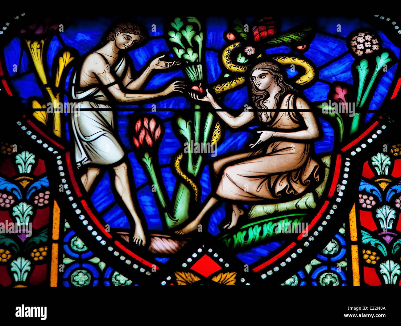 Adam And Eve Eating The Forbidden Fruit In The Garden Of Eden On A Stained Glass Window In The 4000