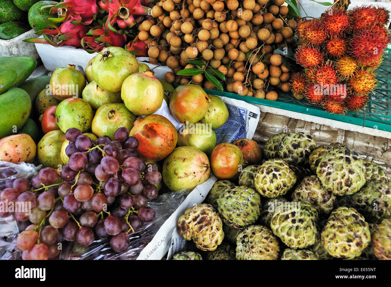 Tropical fruit on stall at a market, Hue, Vietnam, Southeast Asia Stock
