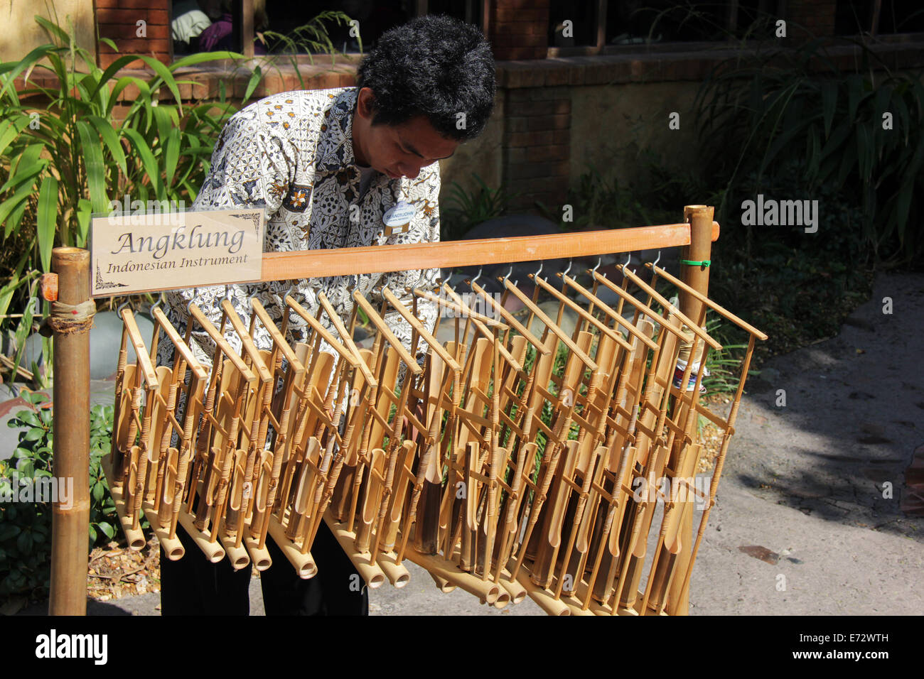 Man playing the Angklung instrument from Indonesia Stock Photo - Alamy