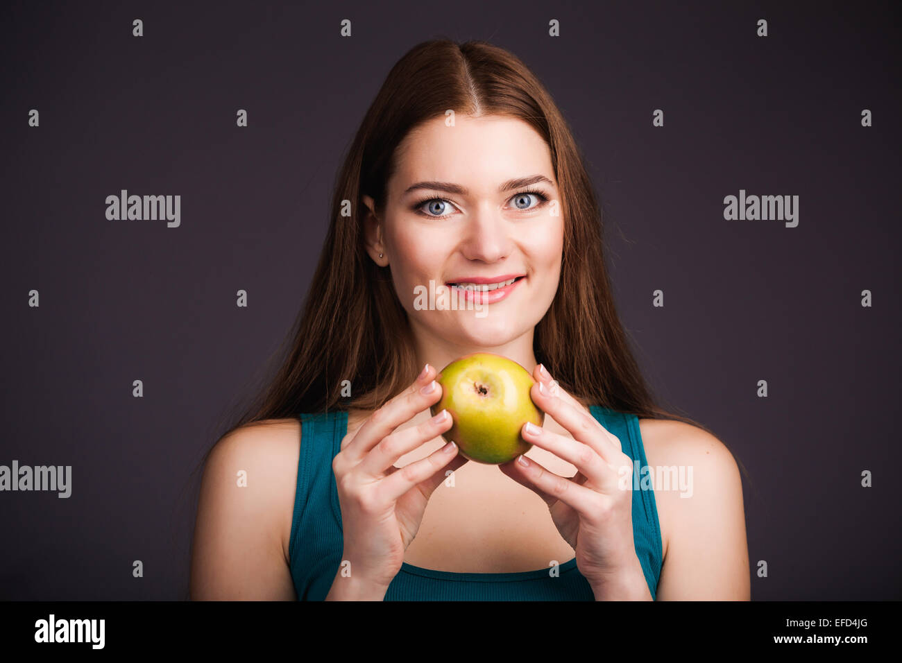 Woman Holding Apple Stock Photo Alamy