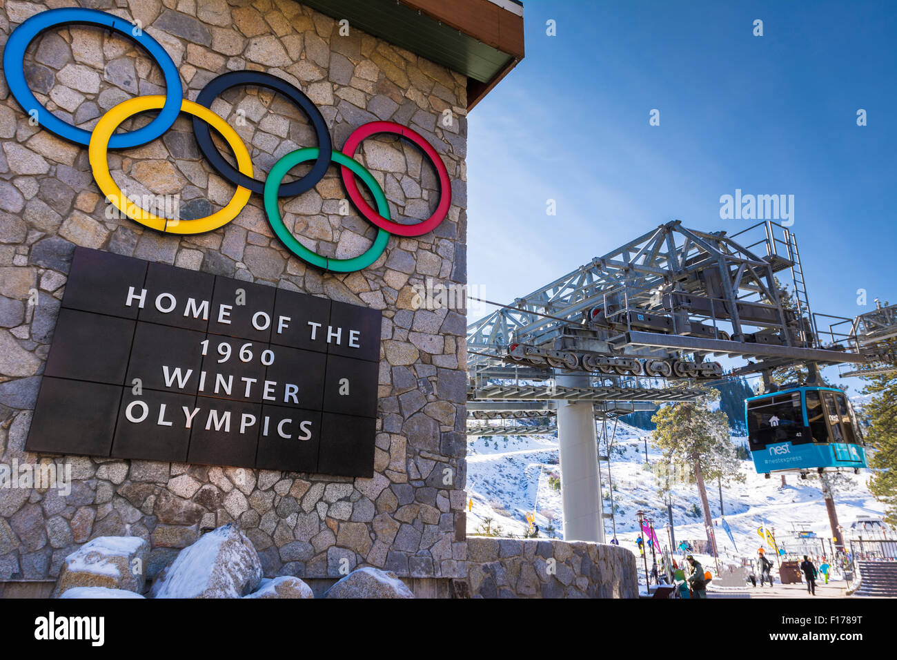 Olympic rings and sign at Squaw Valley resort, Lake Tahoe, California