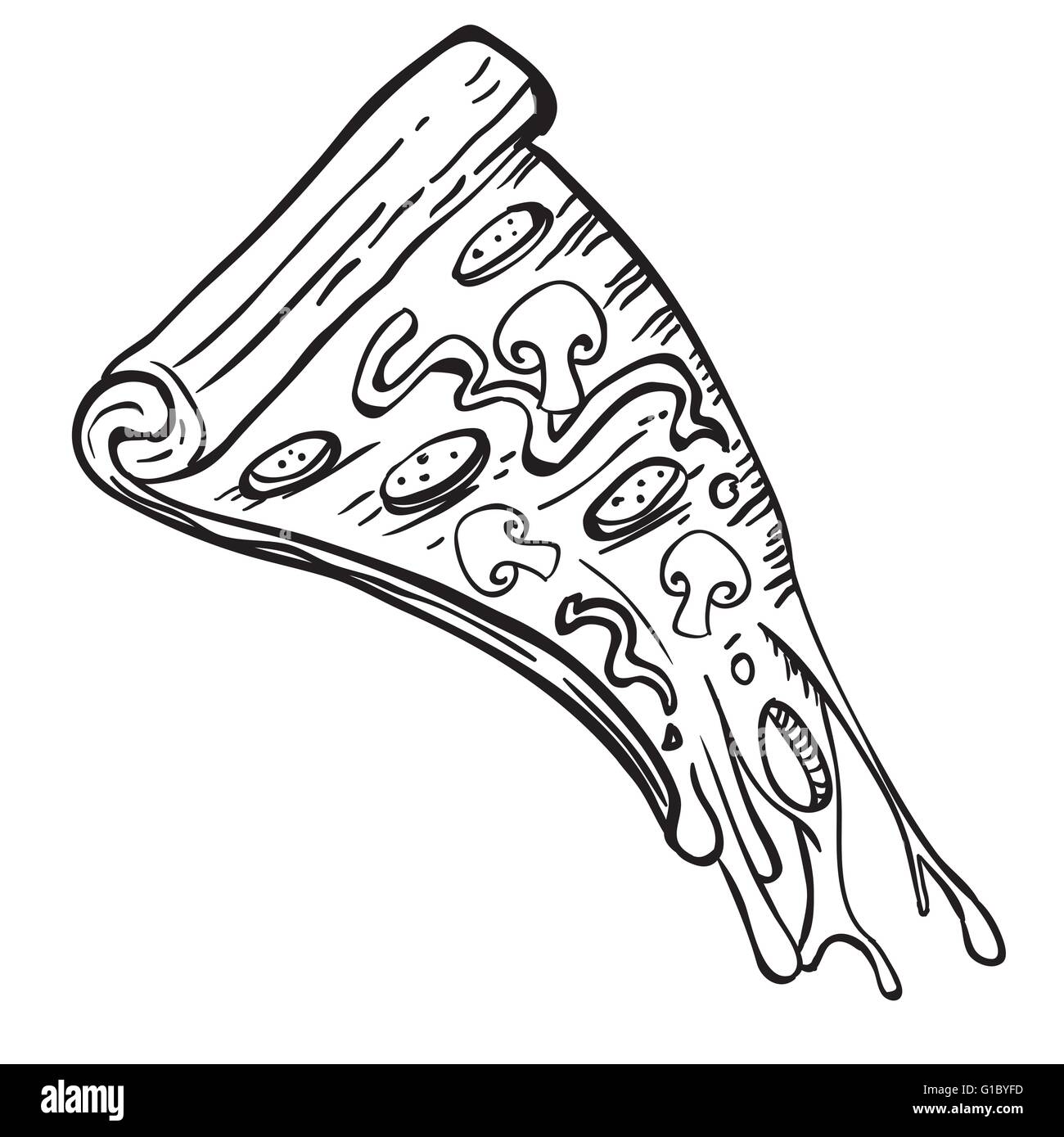 simple black and white dripping slice of pizza cartoon Stock Vector