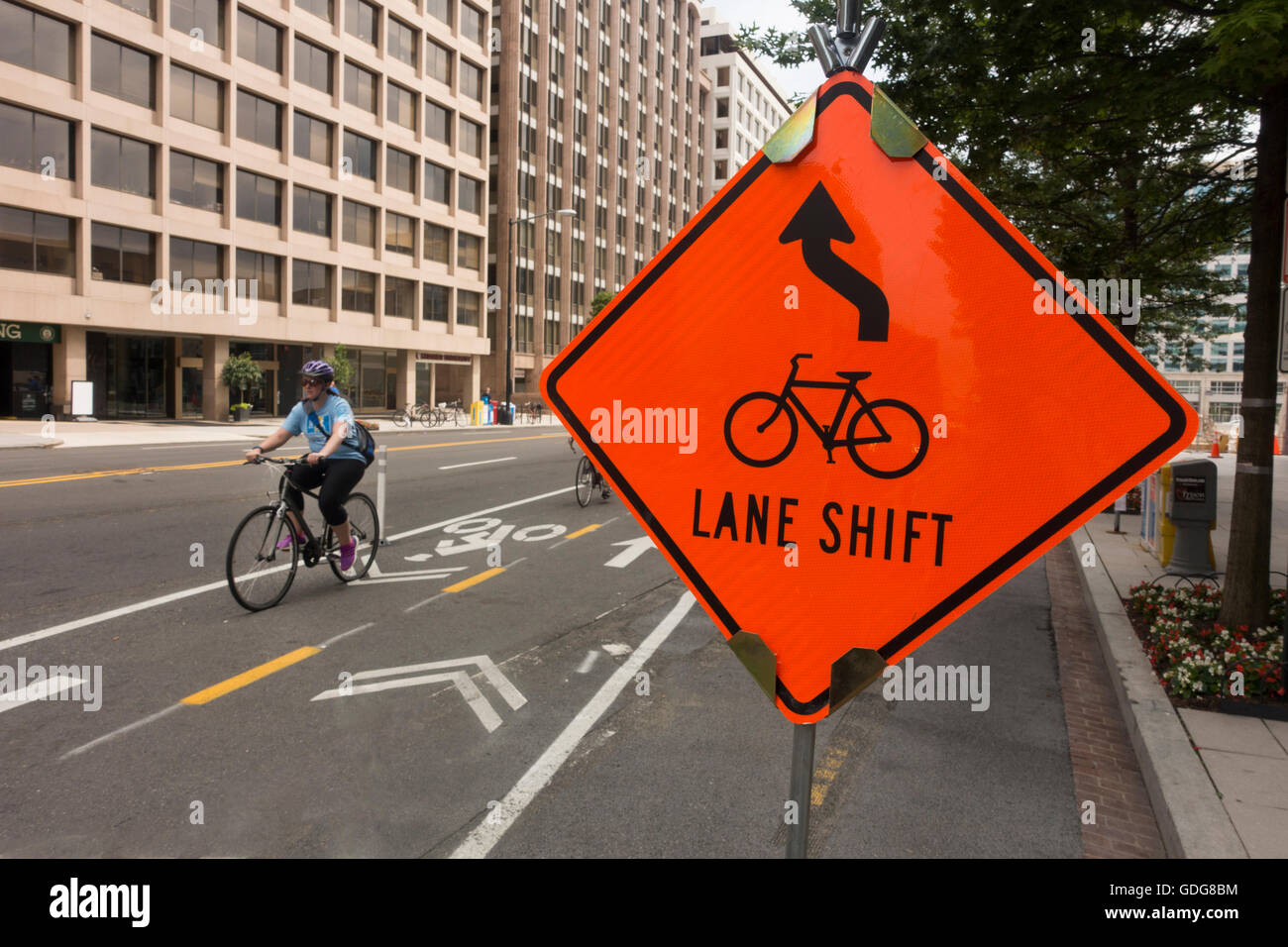 bike lane shift ahead sign Stock Photo - Alamy