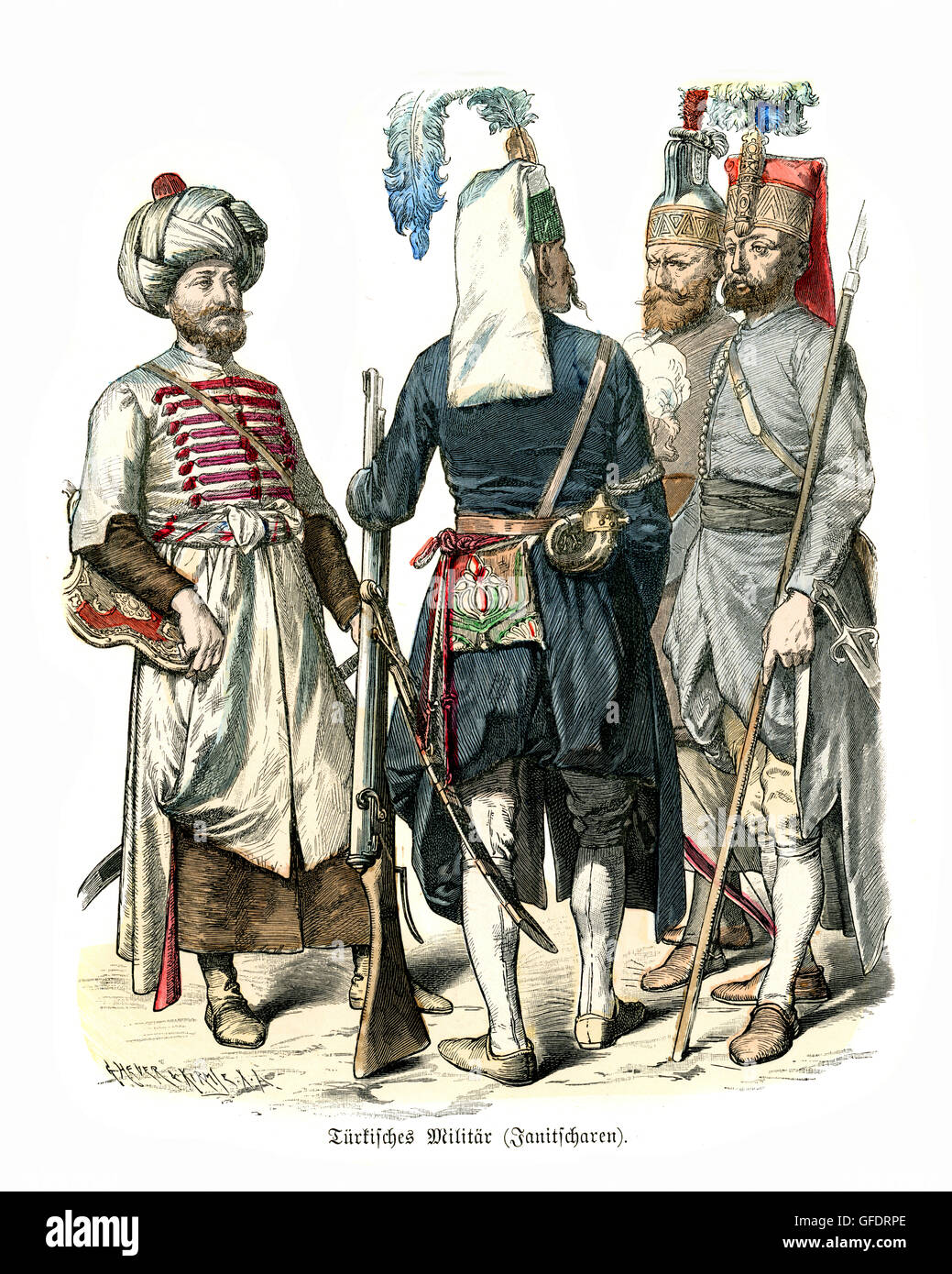 Military uniforms of Ottoman Turkey 17th and 18th Century. Janissaries  elite infantry units that formed the Ottoman Sultan's hou Stock Photo -  Alamy