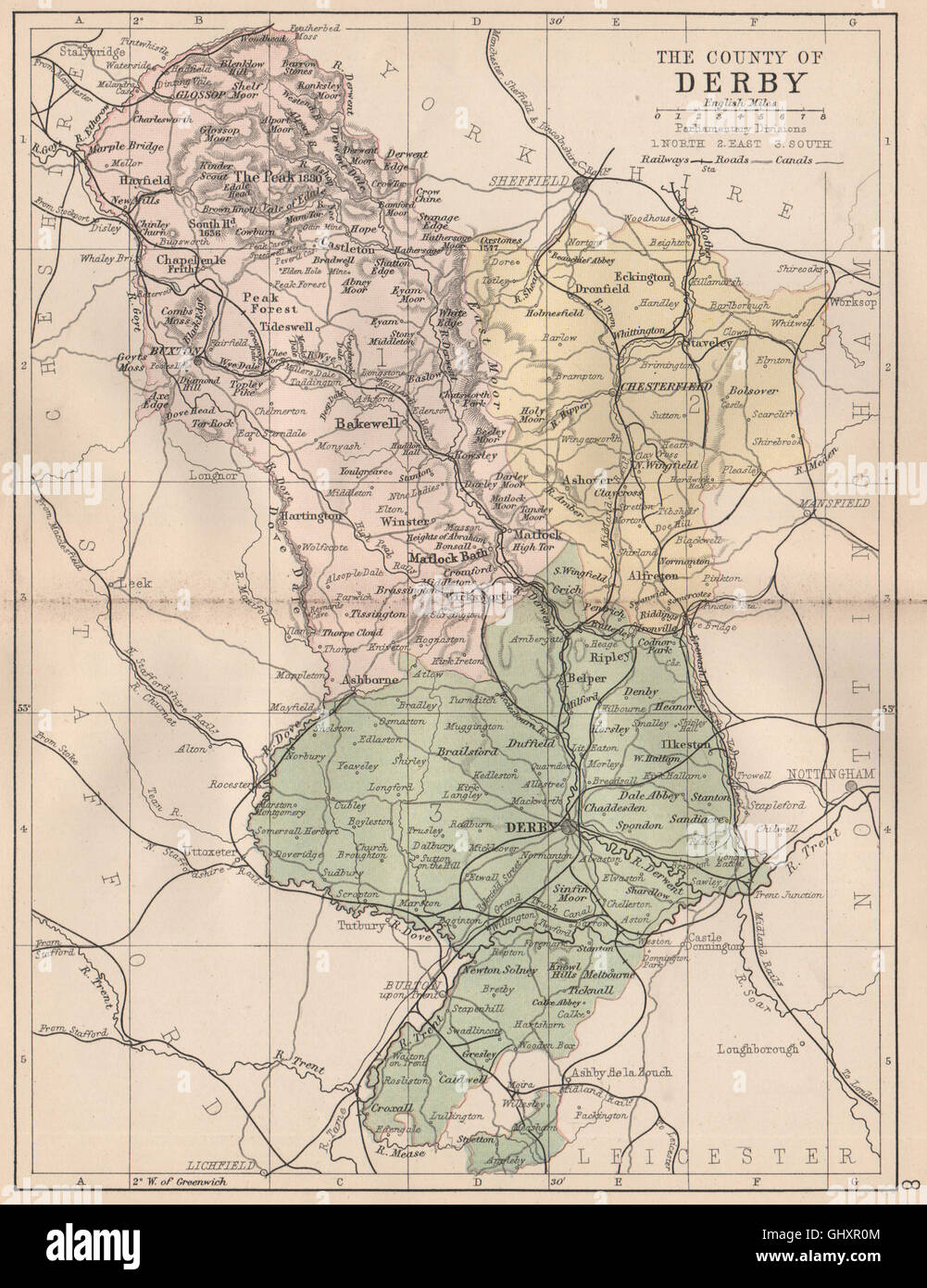 DERBYSHIRE: Antique county map. Railways canals. Constituencies. PHILIP ...