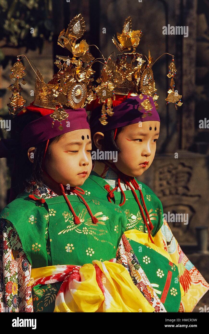 Children Wearing Ceremonial Costumes And Traditional Headdresses Japan