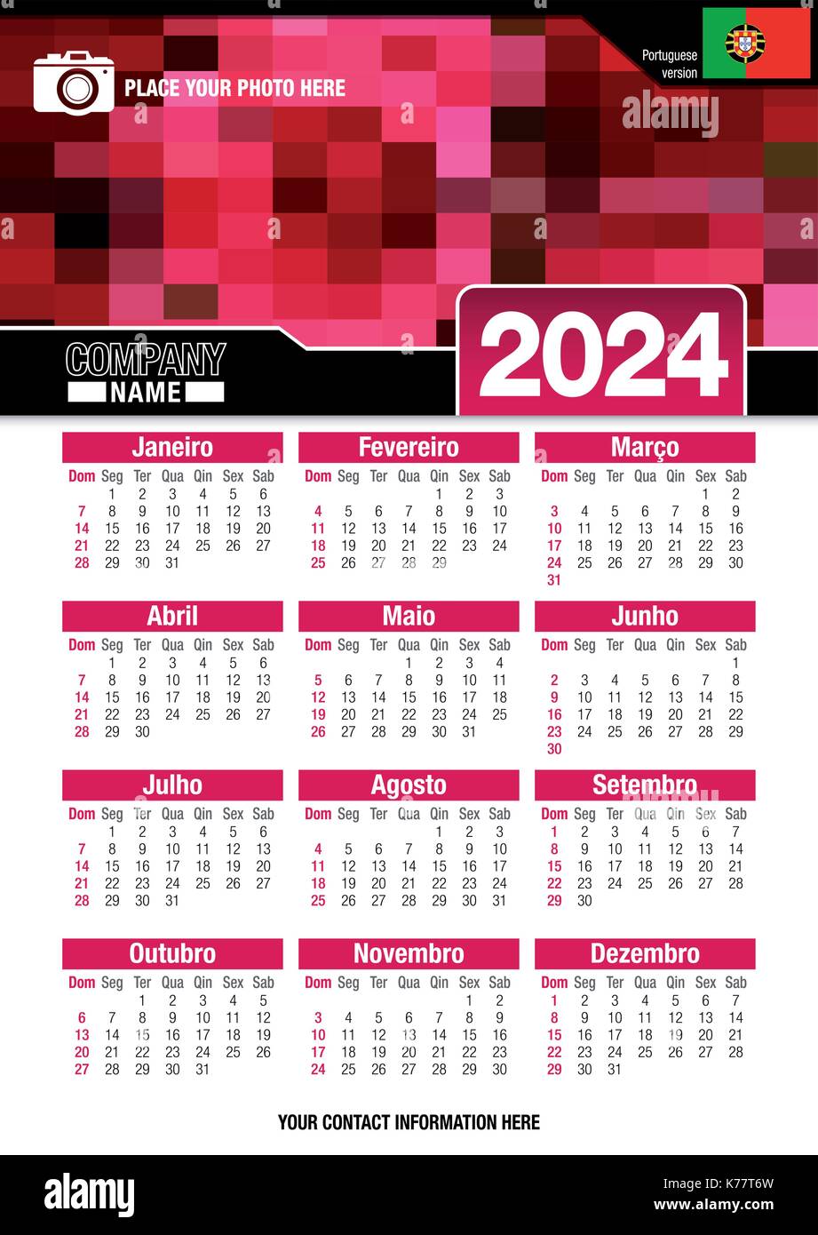 Useful wall calendar 2024 with design of red colors mosaic. Format A4